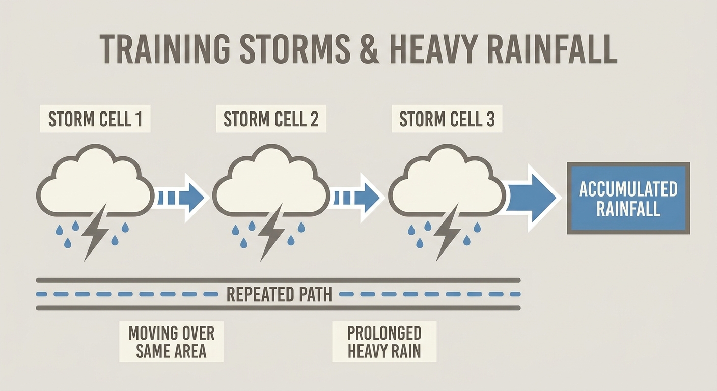 A simple explainer diagram showing three storm cell icons stacked in a line with motion arrows indicating each cell tracking over the same ground path one after another, illustrating the training thunderstorm effect, warm gray and blue tones, minimalist flowchart style, no geographic map or place names