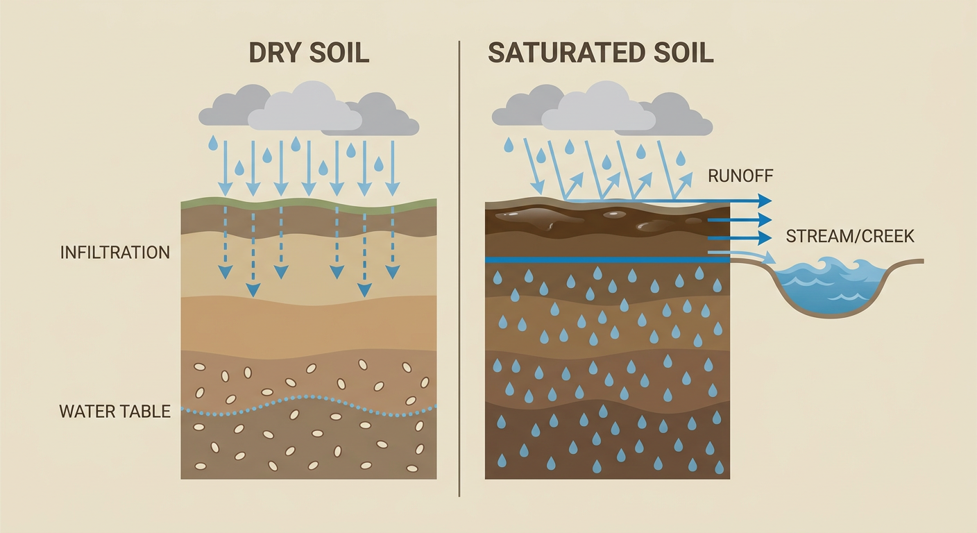 Cross-section diagram showing how saturated soil causes rapid runoff compared to dry soil, with labeled rainfall arrows, a water table line, and runoff flowing into a swollen creek
