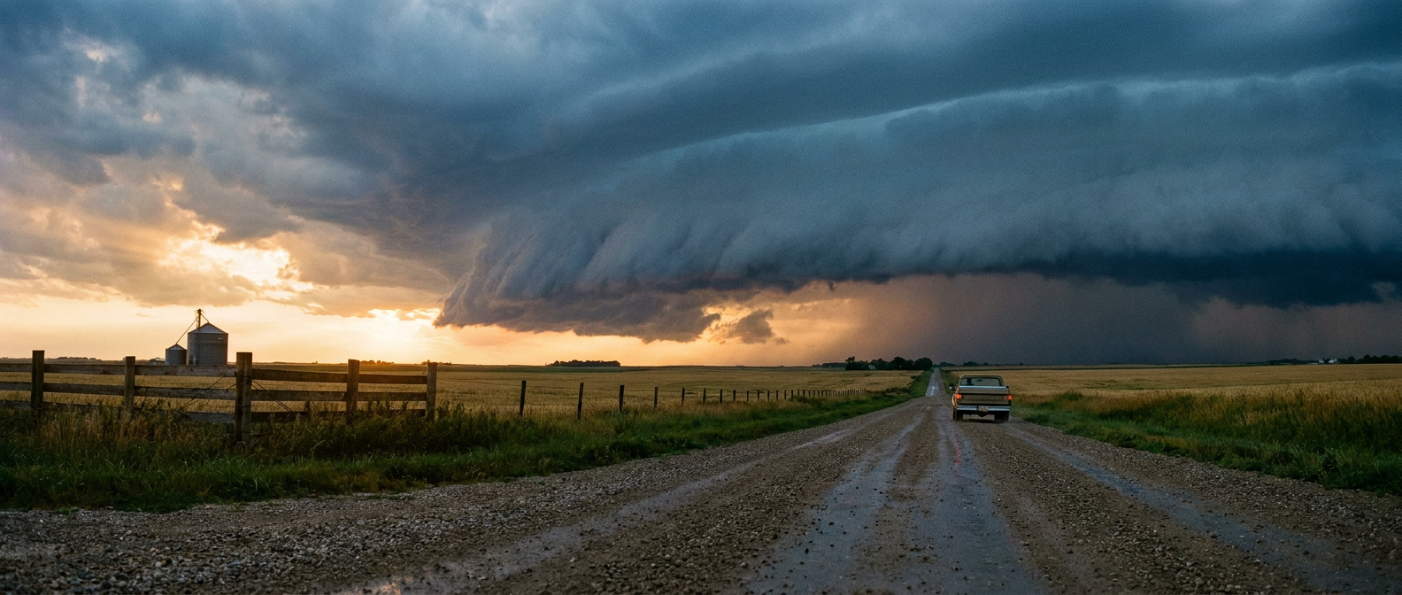 A shelf cloud advances over flat Midwest farmland in the late afternoon, with a grain silo and fence line in the foreground and dark blue-gray clouds contrasting against warm amber light breaking through on the horizon
