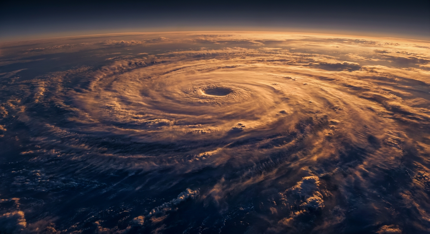 A Category 4 hurricane's tightly wound eyewall clouds glowing at sunset over open Pacific water, viewed from a distance with no coastline visible, warm orange and deep blue color palette, wide aerial perspective emphasizing scale and remoteness