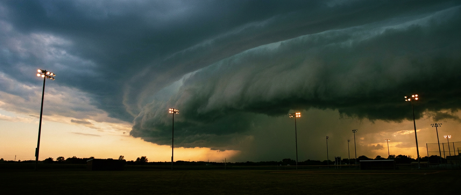 Shelf cloud with dark green-gray base advancing over an open Midwestern ballfield at dusk, stadium light towers silhouetted in the foreground, warm amber sky behind the approaching cloud, wide low-angle shot emphasizing the contrast between the lit field and the darkening storm