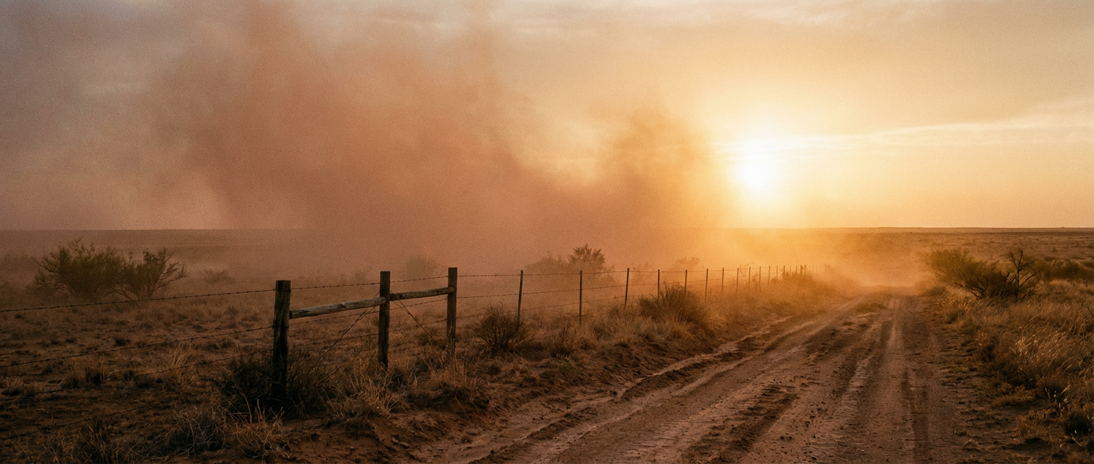 Dust blowing across a dry Texas plains landscape