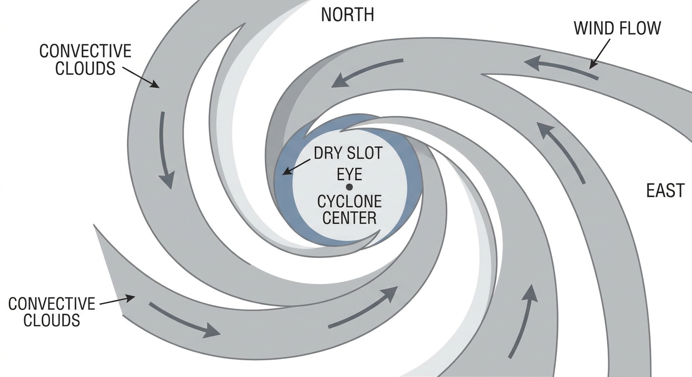 Cross-section diagram of a weakening tropical cyclone, showing a dry air intrusion wrapping around the southern side of the storm core, labeled arrows showing dry slot, low-level center, and curved convective band, clean technical illustration style, no geography or text overlays beyond simple labels