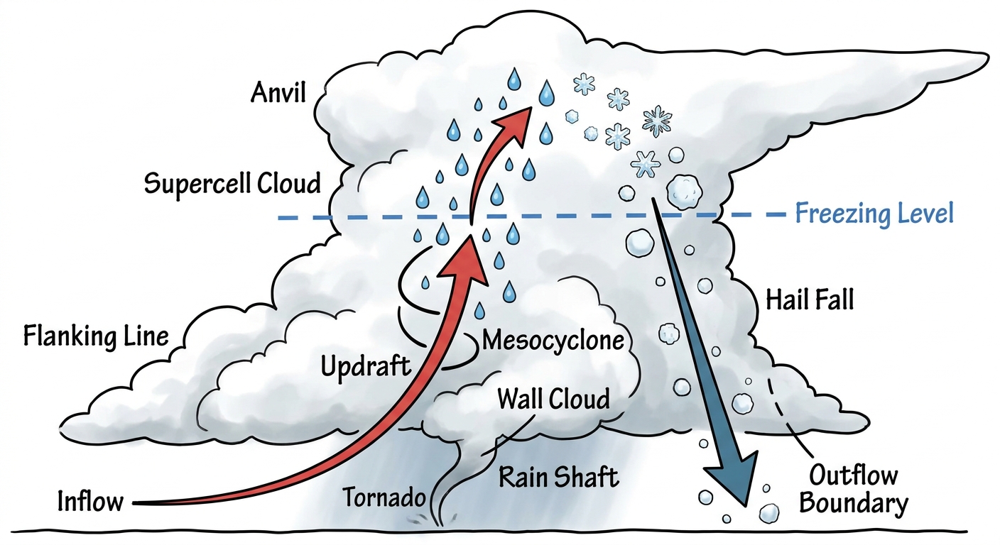 Diagram showing how strong updrafts create large hail inside a supercell thunderstorm