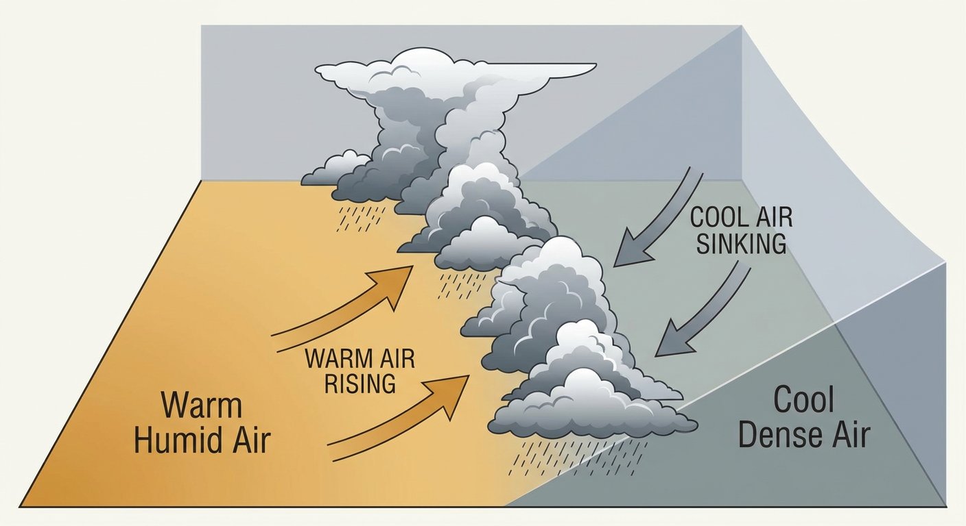 Diagram showing a back-door cold front pushing dense cool air southward at the surface while warm humid air is forced to rise ahead of it, generating a line of thunderstorm clouds