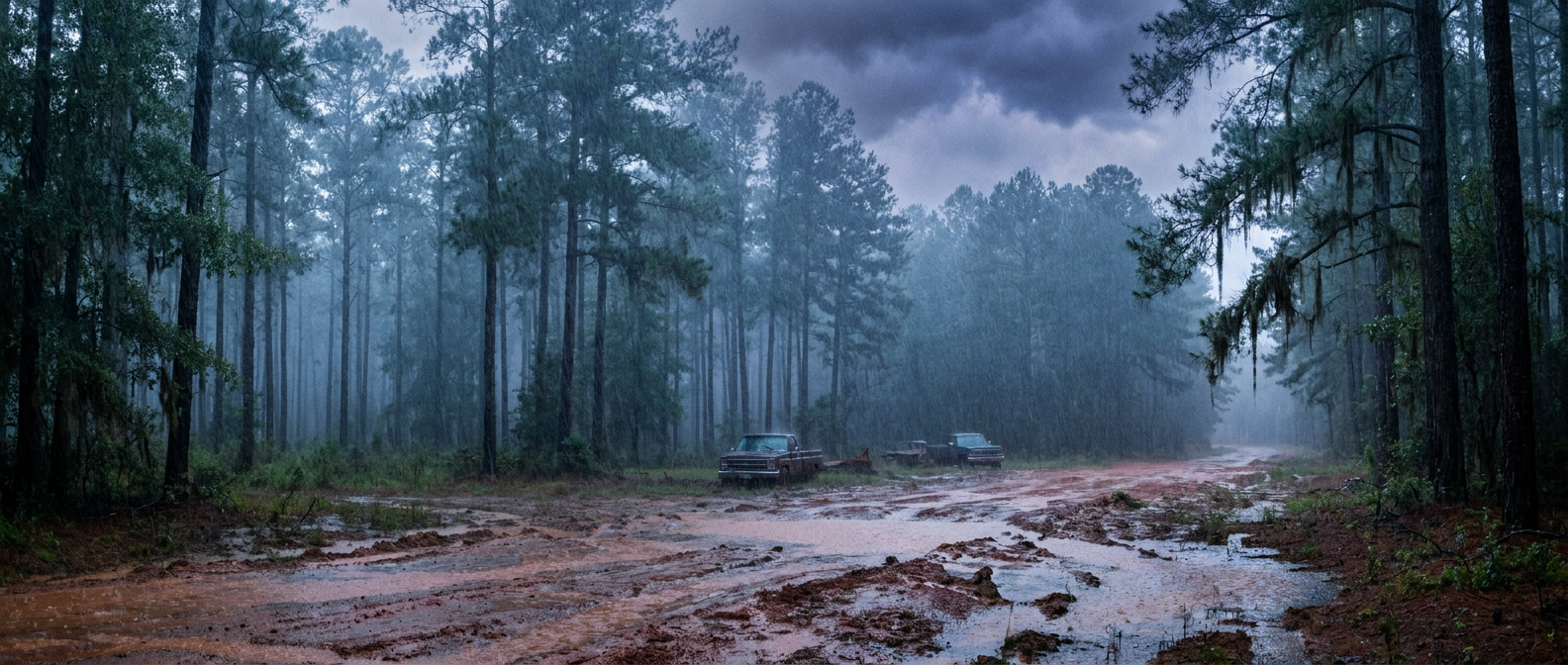 Heavy rain over a southern dirt road