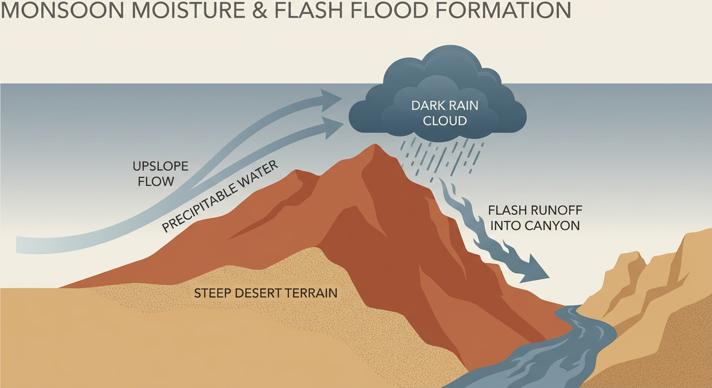 A cross-section diagram showing monsoon moisture flowing up steep desert terrain, condensing into heavy rain clouds, with arrows indicating rapid runoff into a narrow canyon below, labeled with terms like precipitable water, upslope flow, and flash flood risk