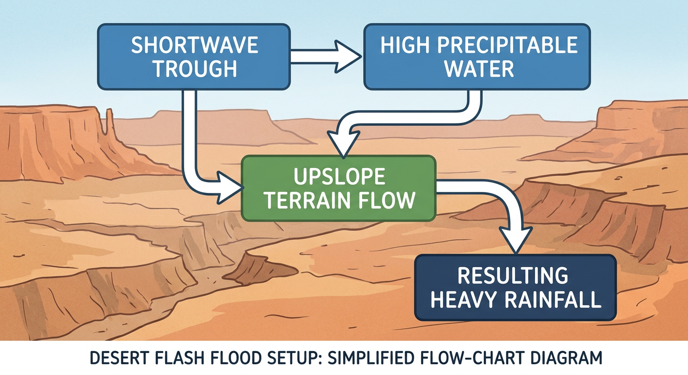 Ingredient flow chart showing a desert monsoon flash flood setup with shortwave trough, precipitable water, and upslope terrain flow leading to heavy rain