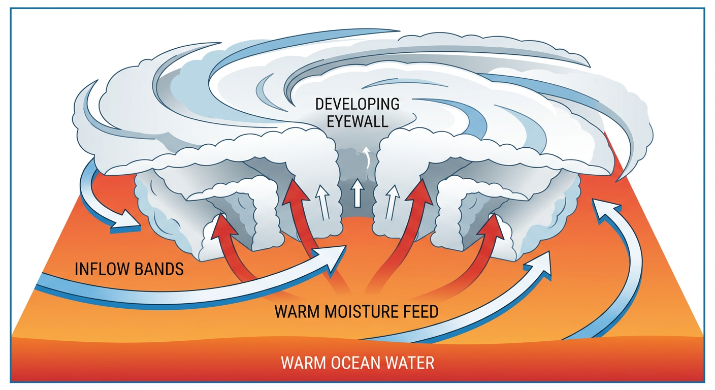 Cross-section diagram of a tropical cyclone over warm ocean water, showing labeled inflow bands, a developing eyewall, and warm sea-surface temperature arrows feeding the storm, educational infographic style with clean typography