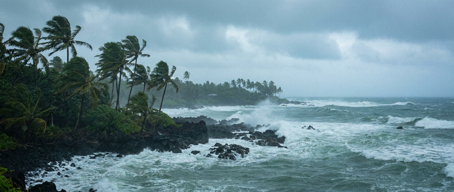 A hurricane's outer rainbands sweep over a rugged tropical coastline at dawn, palm trees bent by onshore wind, gray-green surf pounding volcanic rock, heavy low clouds racing overhead, muted blue-gray and jade color palette, wide low-angle establishing shot from a cliffside overlook