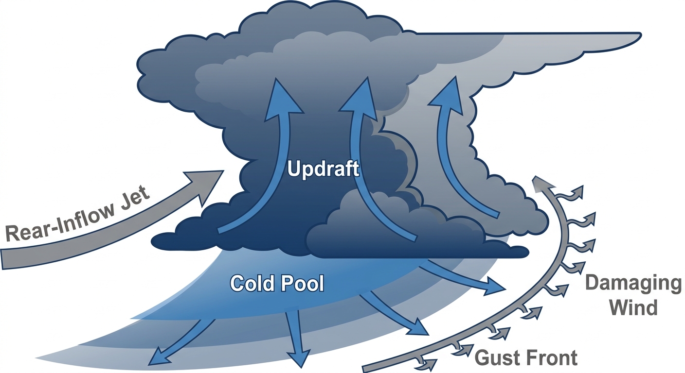 A cross-section diagram showing how a cluster of afternoon thunderstorms organizes into a bow-shaped line, with a cold pool of rain-cooled air surging outward at the surface and pushing a gust front of damaging wind ahead of the storms. Label the updraft, the rear-inflow jet feeding the strongest winds, and the leading edge gust front. Clean educational illustration with blue and gray tones, arrows showing airflow, simple text labels.