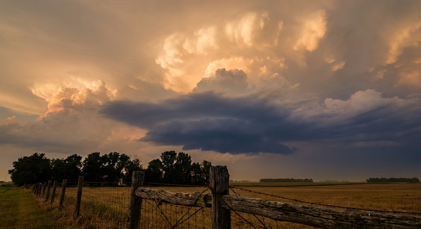 A humid summer evening with cumulus towers building over open farmland, gold light fading behind darkening clouds, a wooden fence line leading toward the horizon, warm amber and deep blue-gray palette, wide low-angle shot looking up at the sky