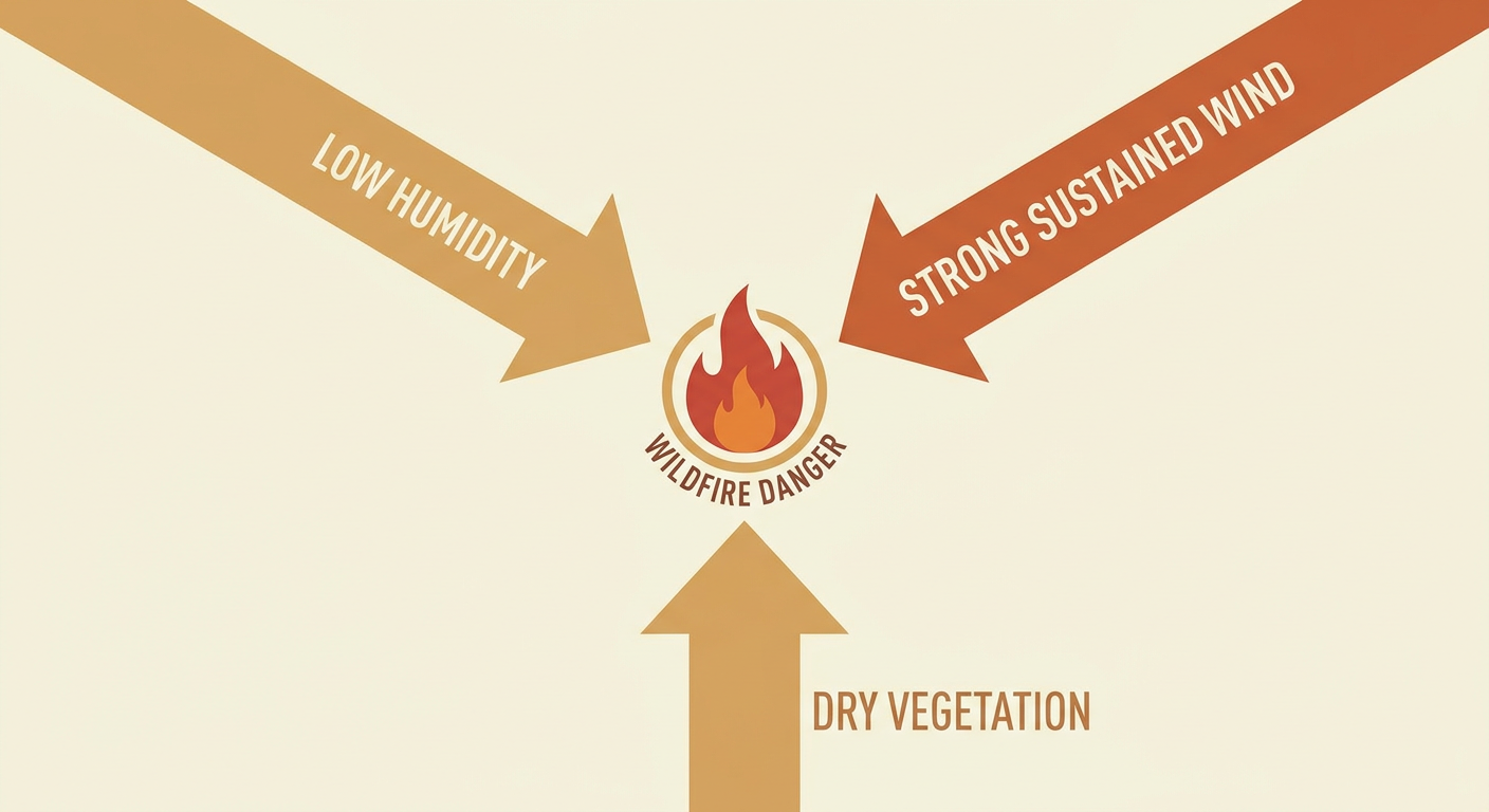 A clean explainer diagram showing the fire weather danger triangle: labeled arrows for low humidity, strong sustained wind, and dry vegetation converging on a wildfire icon, minimalist flat design, warm tan and red color palette, no text logos, educational chart style