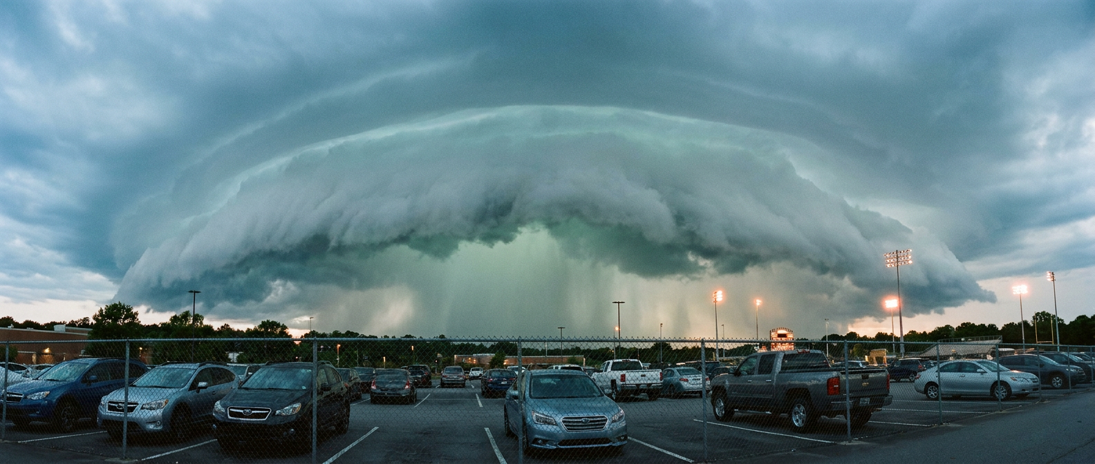 A low shelf cloud with a greenish-gray underside advances over a piedmont parking lot at dusk, stadium light towers glowing warm orange in the distance, cars and a chain-link fence in the foreground, wide establishing shot, muted blue-gray storm light contrasting with warm artificial light