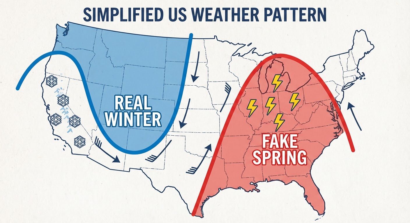 Map showing the Jet Stream dip in the West and ridge in the East