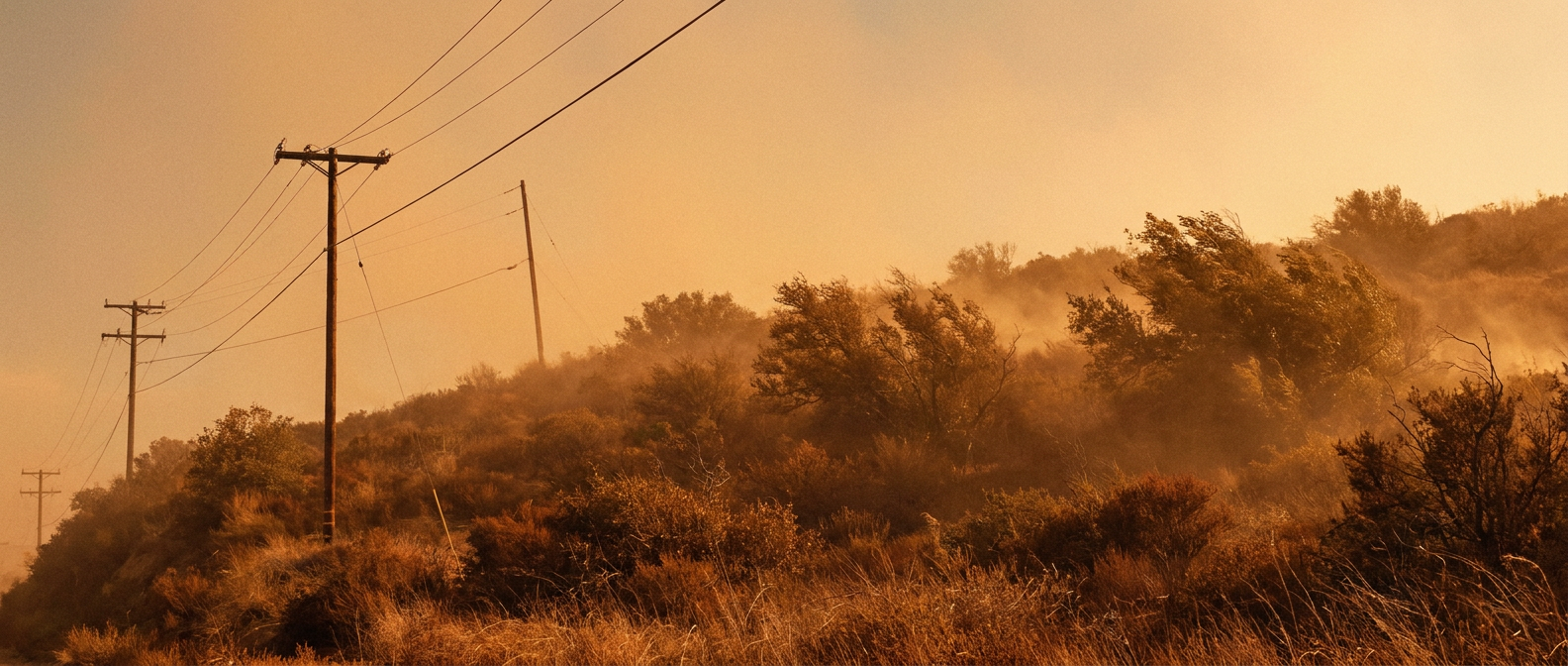 A dry Southern California hillside at golden hour, scattered chaparral brush bent sideways by strong offshore wind, power lines crossing the foreground against a hazy orange sky, warm dusty color palette, low wide-angle shot