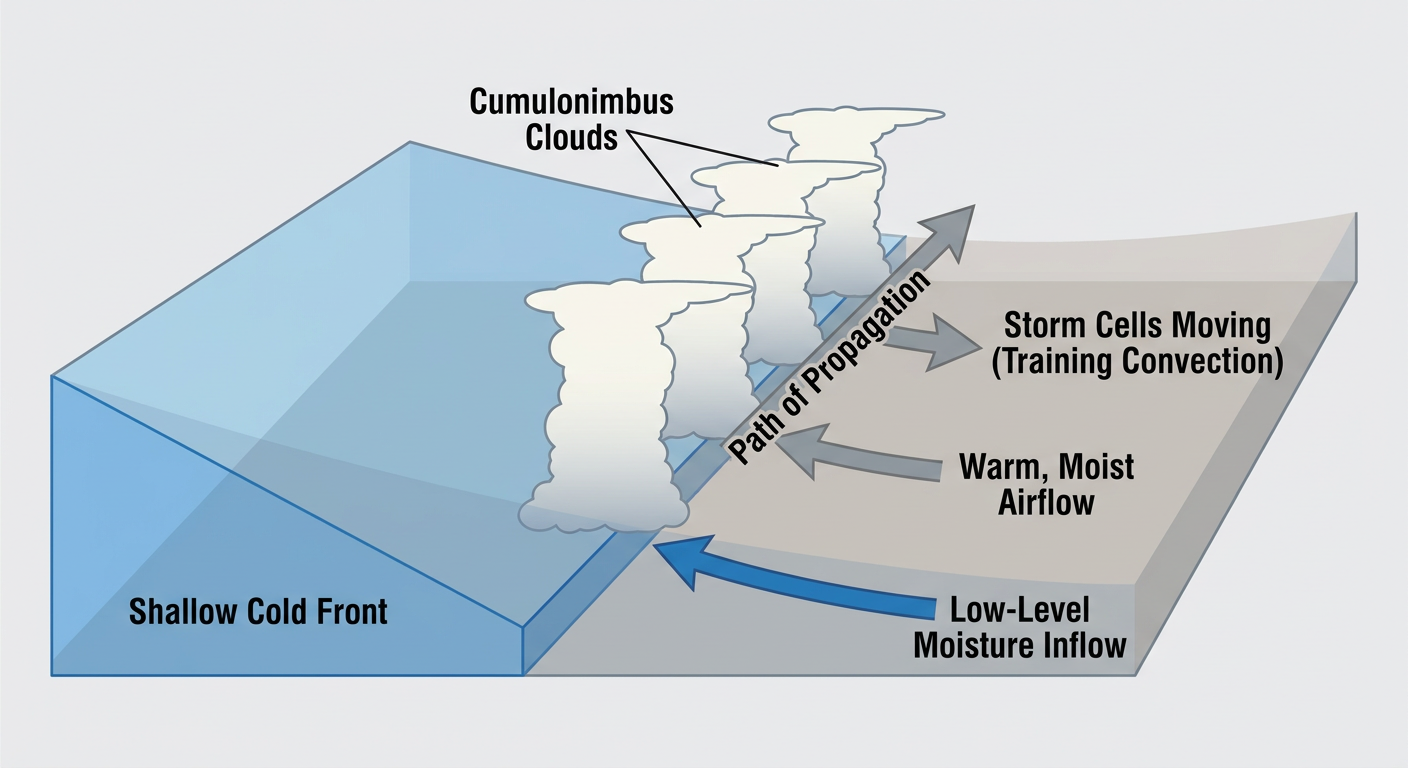 Cross-section diagram showing warm humid air being lifted over a shallow cold front, with tall thunderstorm clouds forming and repeatedly passing over the same ground like train cars on a track, labeled with arrows for moisture flow and storm motion