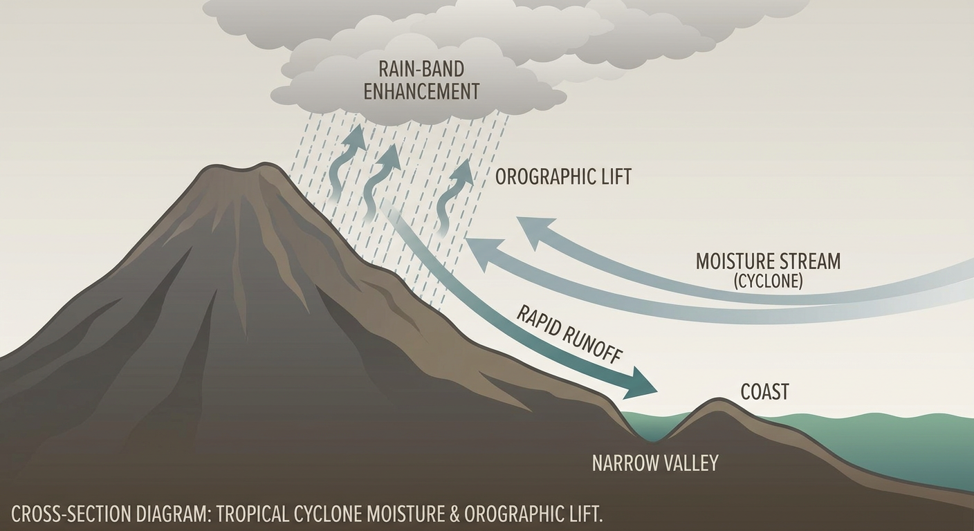 Cross-section diagram showing a slow-moving tropical cyclone's moisture stream striking a steep volcanic island slope, with labeled arrows showing orographic lift, rain-band enhancement on the windward side, and rapid runoff funneling into a narrow valley toward the coast, warm gray and green color palette, educational infographic style