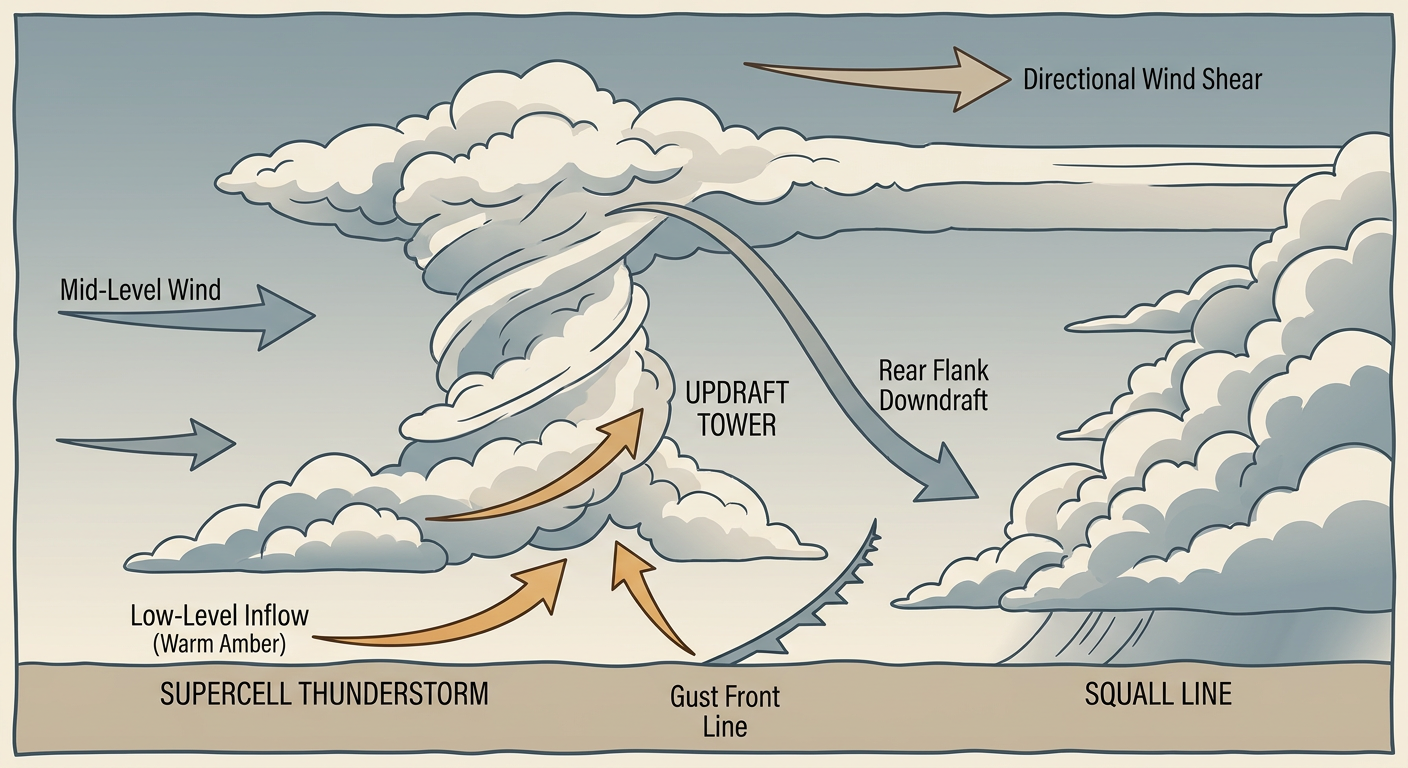 A labeled schematic diagram of a discrete supercell thunderstorm transitioning into a squall line, showing the updraft tower, rear flank downdraft, gust front, and directional wind shear arrows, rendered in a moody blue-gray palette with warm orange highlighting the inflow region, side-view illustration style