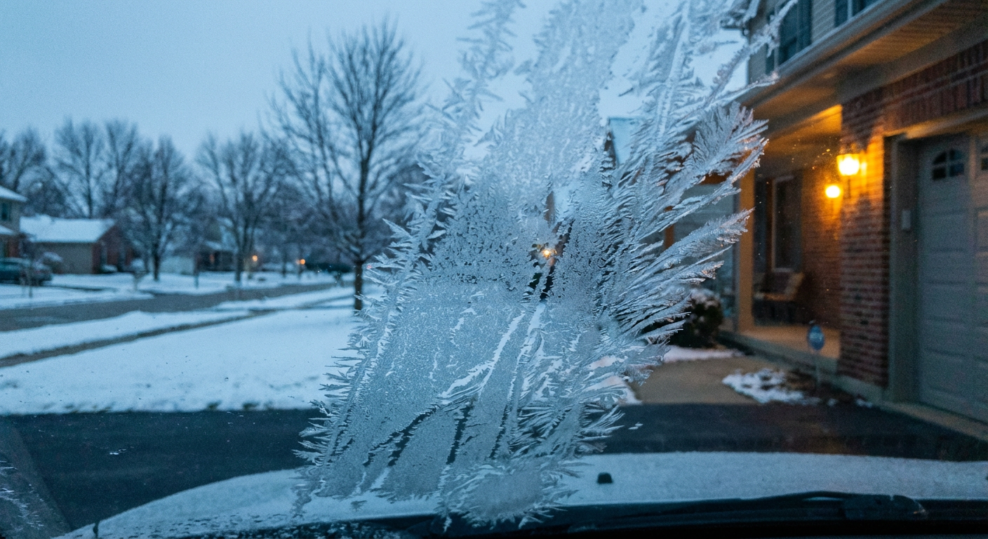 A frost-covered windshield on a car parked in a suburban driveway