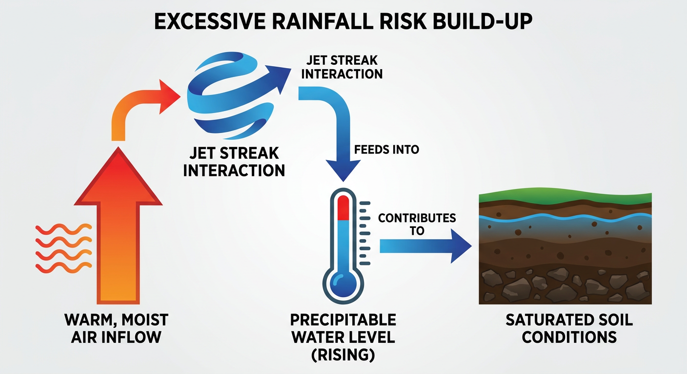 A flowchart-style diagram illustrating how excessive rainfall risk builds: warm moist air arrow feeding into a jet streak symbol, precipitable water gauge climbing into the red zone, and a saturated-soil cross-section showing water table near the surface, clean infographic style with labeled arrows, no maps or geography