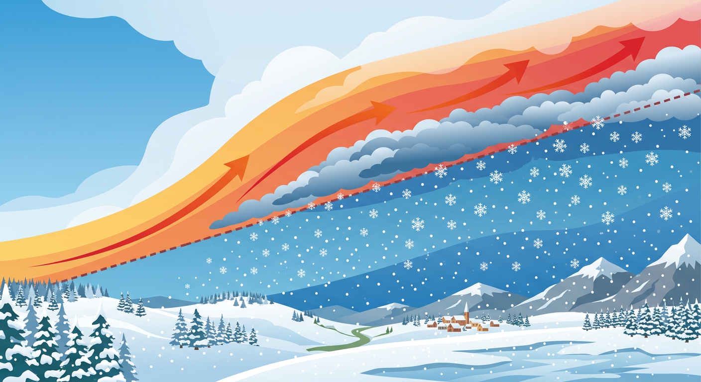 A conceptual cross-section diagram of a winter storm, showing warm moist air riding up over a dome of freezing cold air, resulting in heavy snow. Arrows indicate wind patterns and moisture flow.