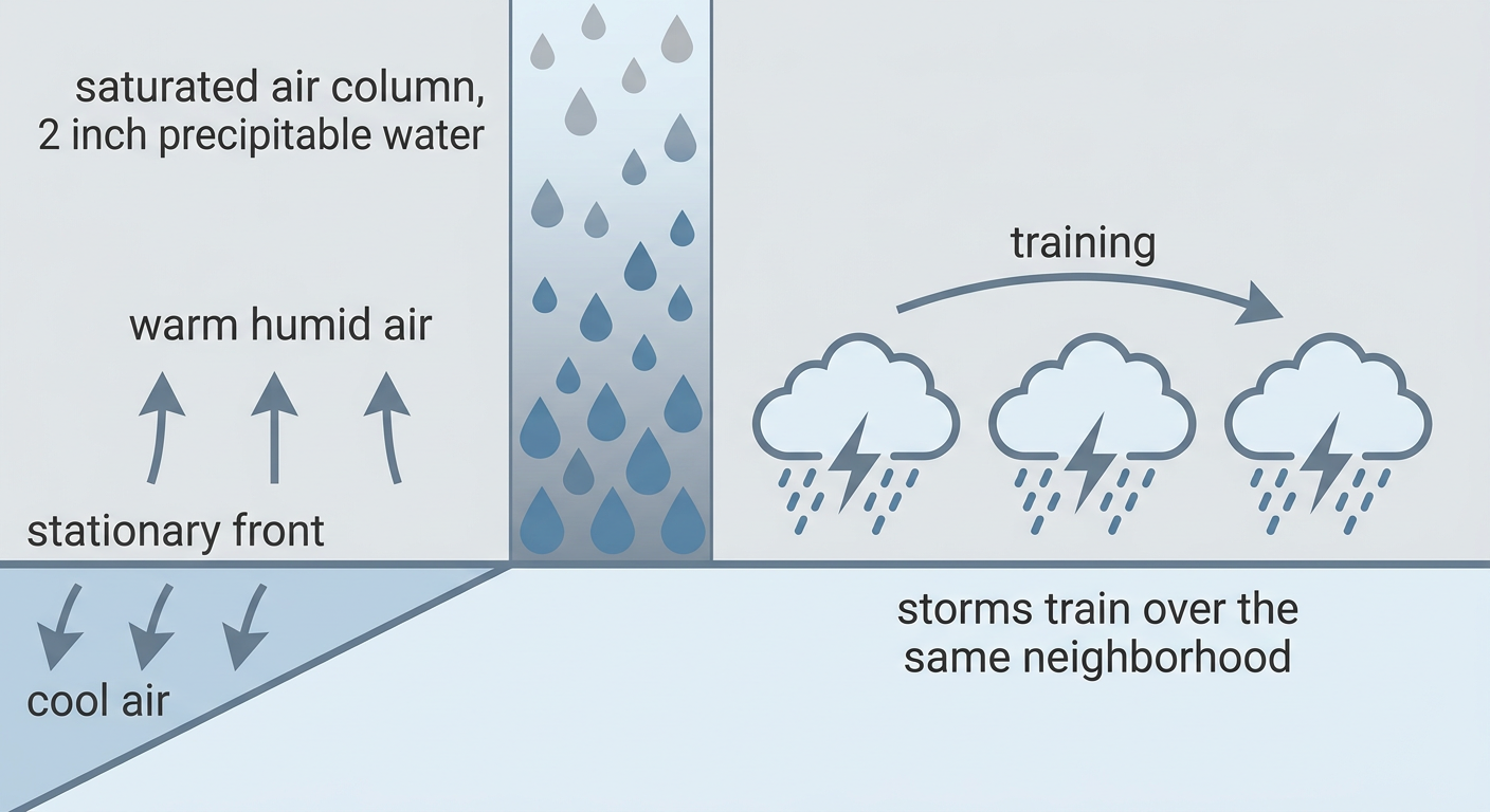 Cross-section diagram showing a stalled weather front with a deep column of moisture-rich air, labeled with concepts like 'stationary front', 'training storm cells moving over the same spot', and 'saturated air column', drawn as a clean educational schematic with no map or geography