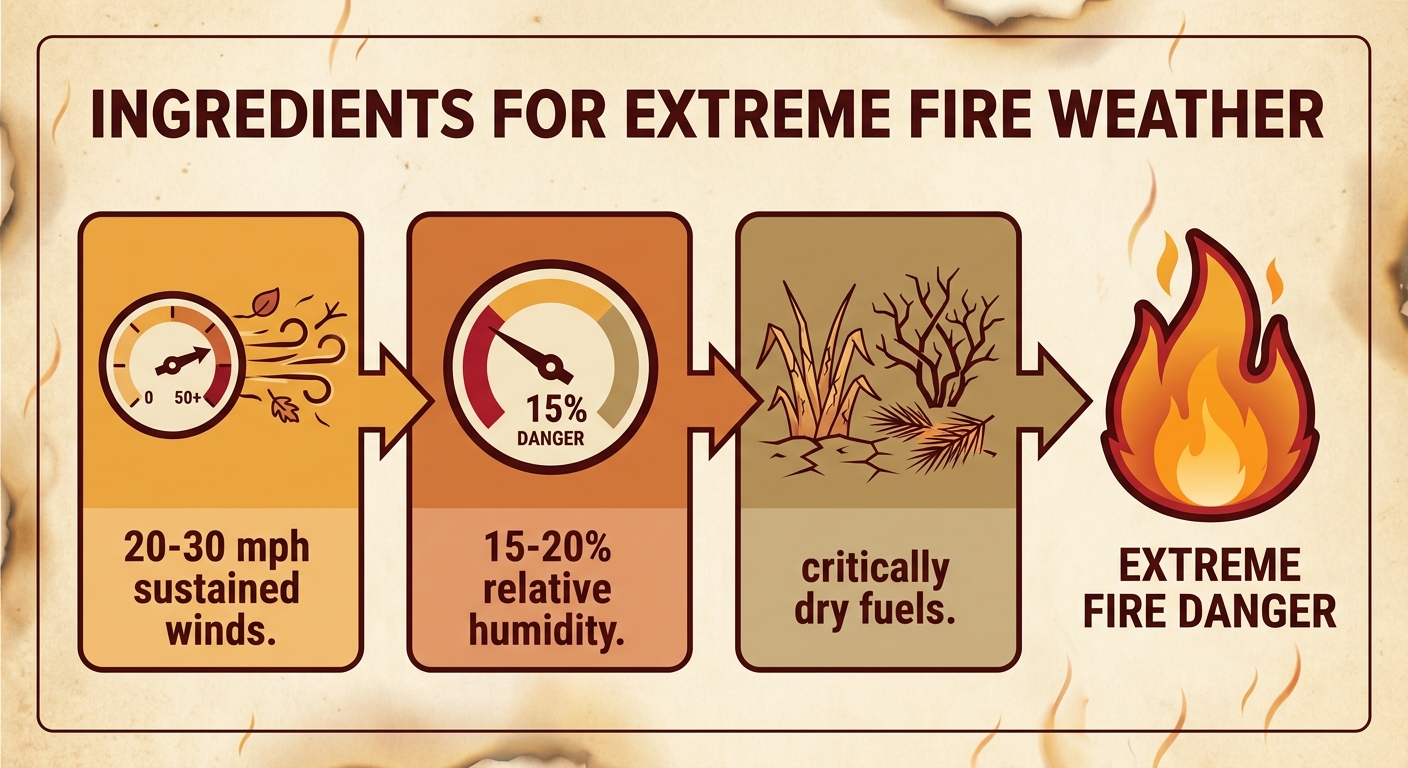 A flow chart style infographic titled Ingredients for Extreme Fire Weather, showing three connected panels: a wind gauge icon with gusty arrows labeled 20-30 mph sustained winds, a humidity gauge icon showing a needle in a red zone labeled 15-20 percent relative humidity, and a dry grass and shrub icon labeled critically dry fuels, all connected by arrows into a flame icon, warm amber and dusty tan color palette