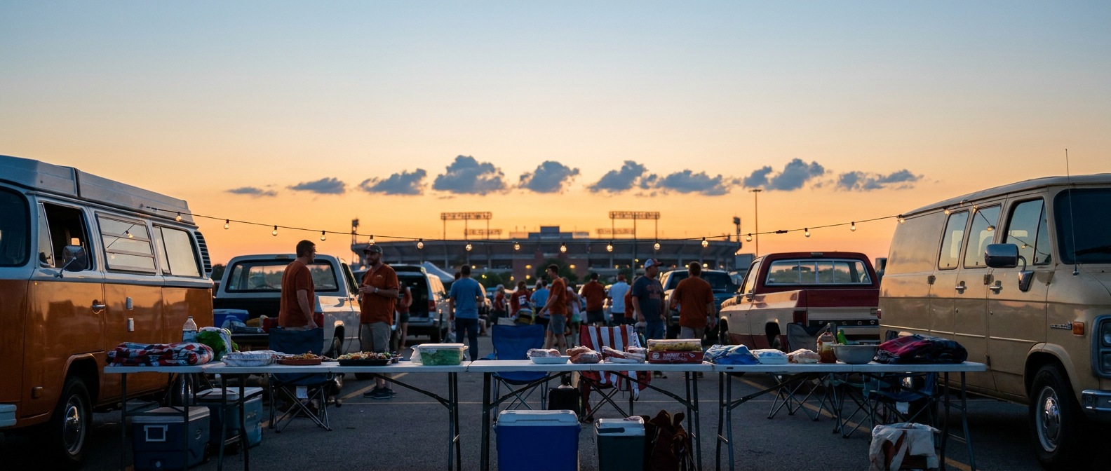 A near-empty stadium parking lot at golden hour under a mostly clear sky with a single line of distant fair-weather cumulus building on the horizon, string lights and folding tables in the foreground, warm amber tones, wide low-angle shot