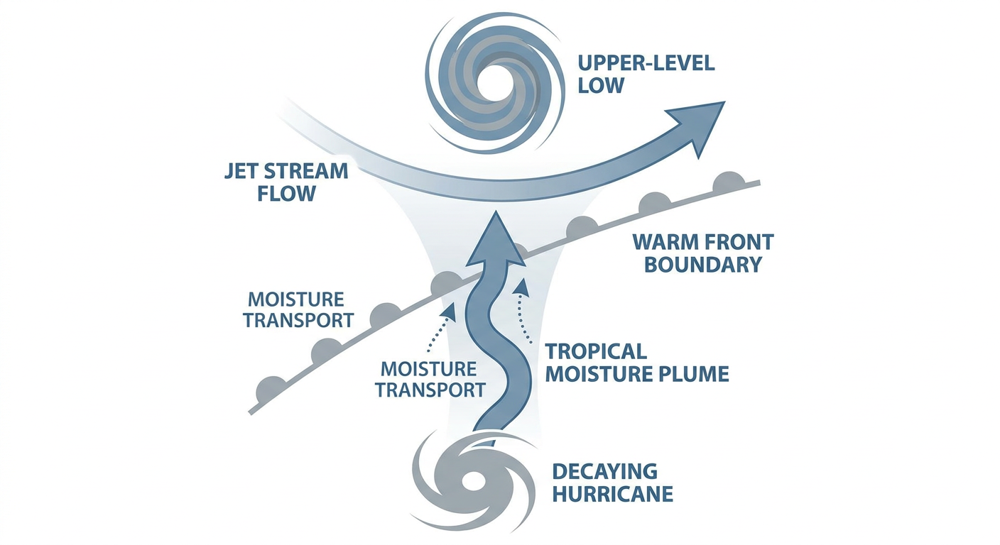 A cross-section diagram showing a tropical moisture plume being drawn northward and wrapped into a mid-latitude upper-level low, with labeled arrows for moisture transport, jet stream position, and a warm front boundary