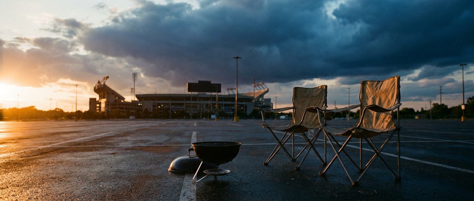 Landscape view of an empty NFL-style stadium parking lot under a building storm sky, late afternoon side-light, warm gold pavement colors fading into deep blue-gray clouds overhead, folding tailgate chairs and a grill in the foreground, wide establishing shot