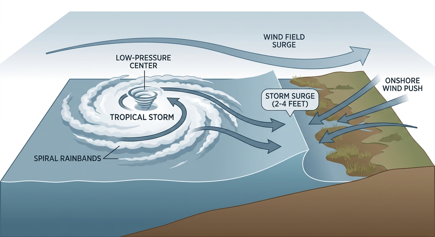 A cross-section diagram of a tropical storm's structure showing the surface wind field, storm surge push against a coastline, and rainband organization, with labeled arrows for onshore flow, surge height, and heaviest rain sectors, rendered as a clean educational illustration with muted blue and gray tones