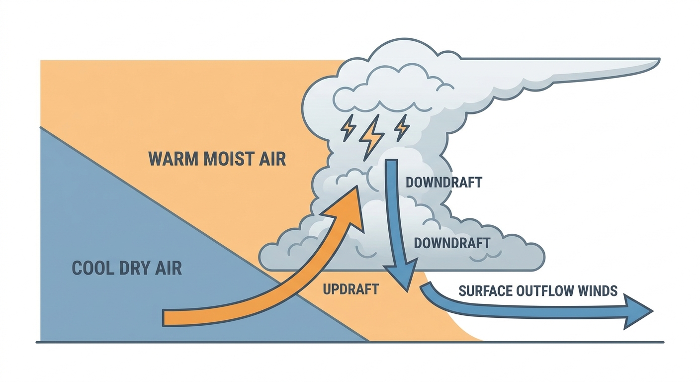A cross-section diagram showing how a slow-moving cold front lifts warm moist air to create thunderstorm updrafts, with labeled arrows showing wind gust outflow at the surface and a hatched zone representing the highest wind threat