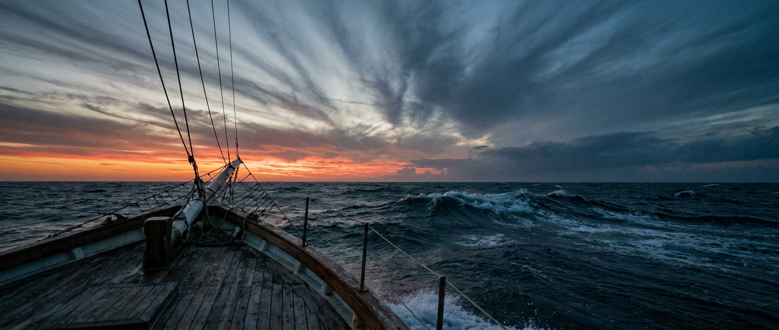 Open Atlantic swells under streaky high cirrus ahead of a fast-moving tropical storm, dusk light, view from a boat deck