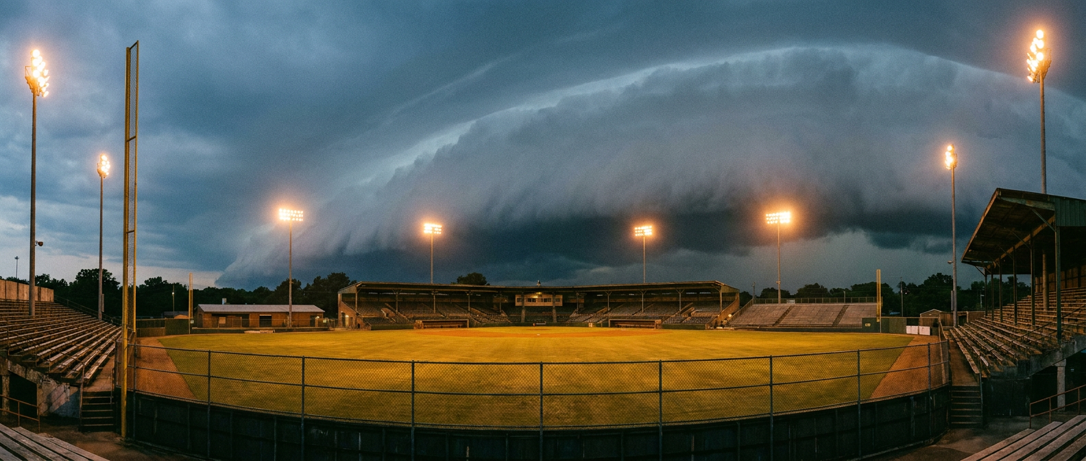 A grandstand view of an outdoor baseball stadium under a darkening summer sky, with a distant shelf cloud building beyond the outfield lights, warm stadium floodlights contrasting against cool blue-gray storm shading, wide low-angle shot from behind home plate
