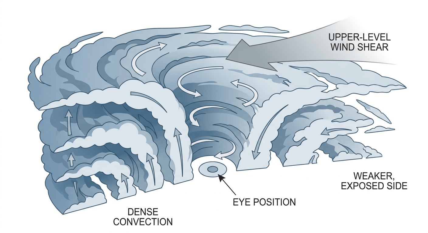 A cutaway schematic diagram of a hurricane eyewall tilted by upper-level wind shear, showing dense convection stacked on one side and a weaker, exposed side on the other, labeled with simple arrows for wind shear direction and eye position, clean educational illustration style, no text logos