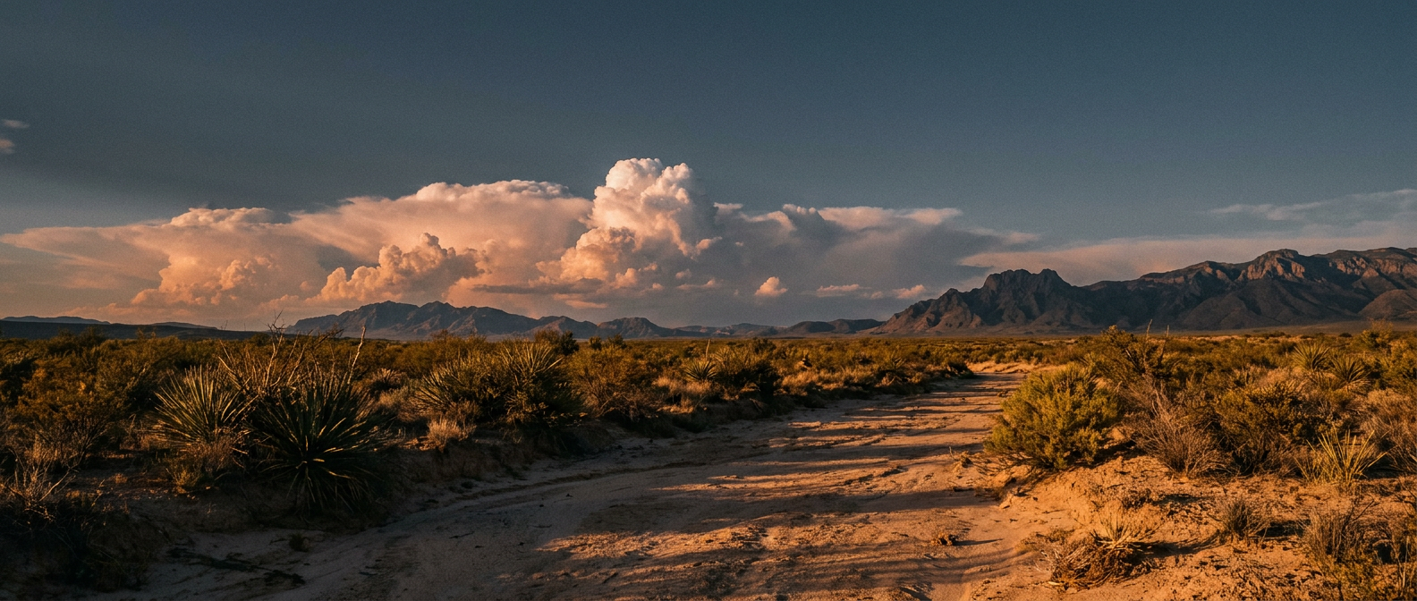 Storm clouds building over red desert terrain with dry riverbed in foreground
