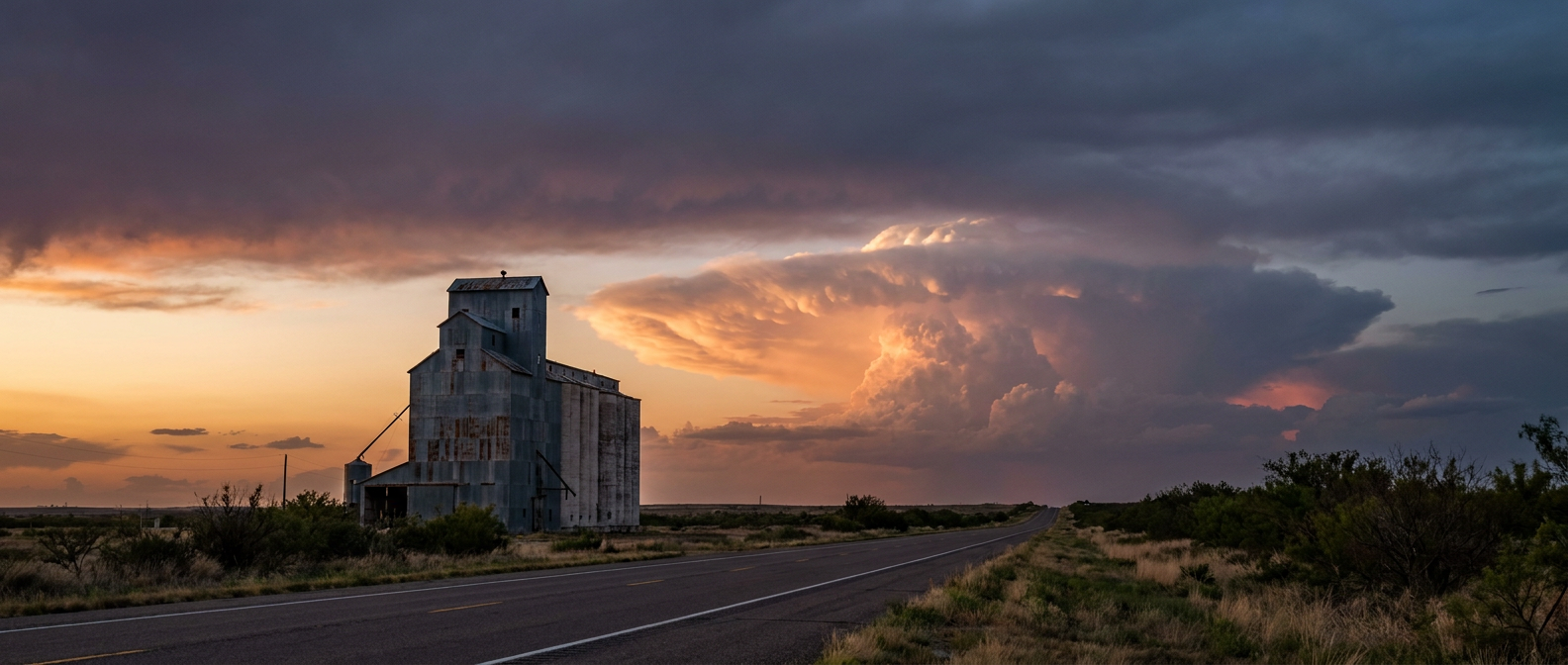 A high plains dryline storm building at dusk, grain elevator and empty highway in the foreground, warm amber light giving way to blue-gray storm clouds on the horizon, wide landscape shot