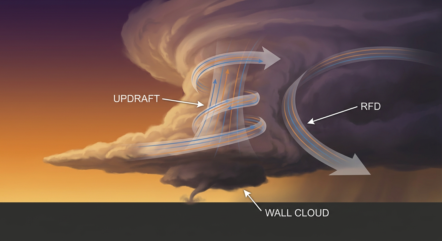 A supercell thunderstorm anatomy schematic diagram shown from a low side angle at dusk, illustrating the updraft tower, rear flank downdraft, and a small funnel forming beneath the wall cloud, labeled with simple text callouts for updraft, RFD, and wall cloud, warm amber and deep purple twilight color palette, no geography or text beyond labels, educational diagram style