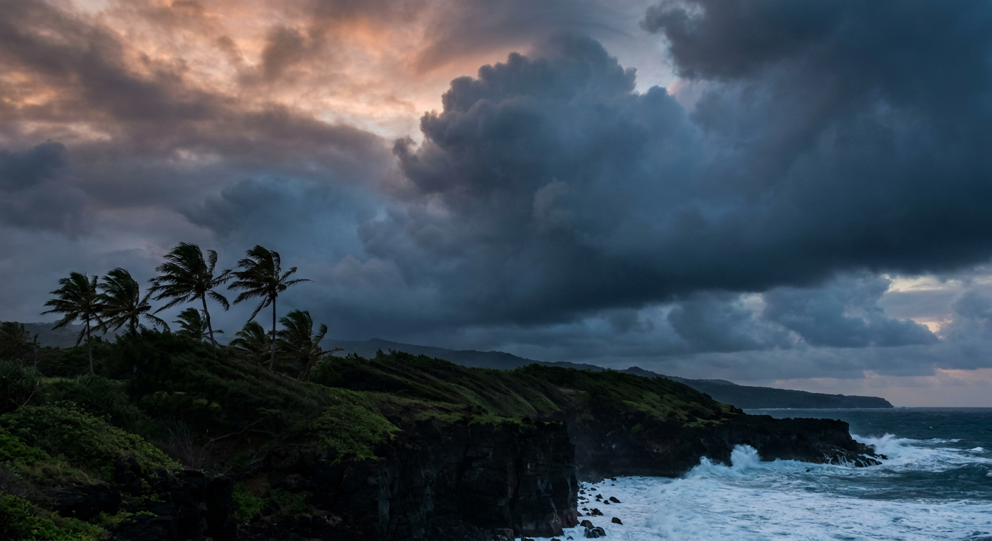 Dramatic building storm clouds over a volcanic coastline at dusk, dark green ridgeline in the foreground with palm trees bending in strong onshore wind, ocean waves breaking below, warm fading tropical light contrasted against deep gray-blue cloud tops rolling in from the horizon, low angle looking up toward the sky