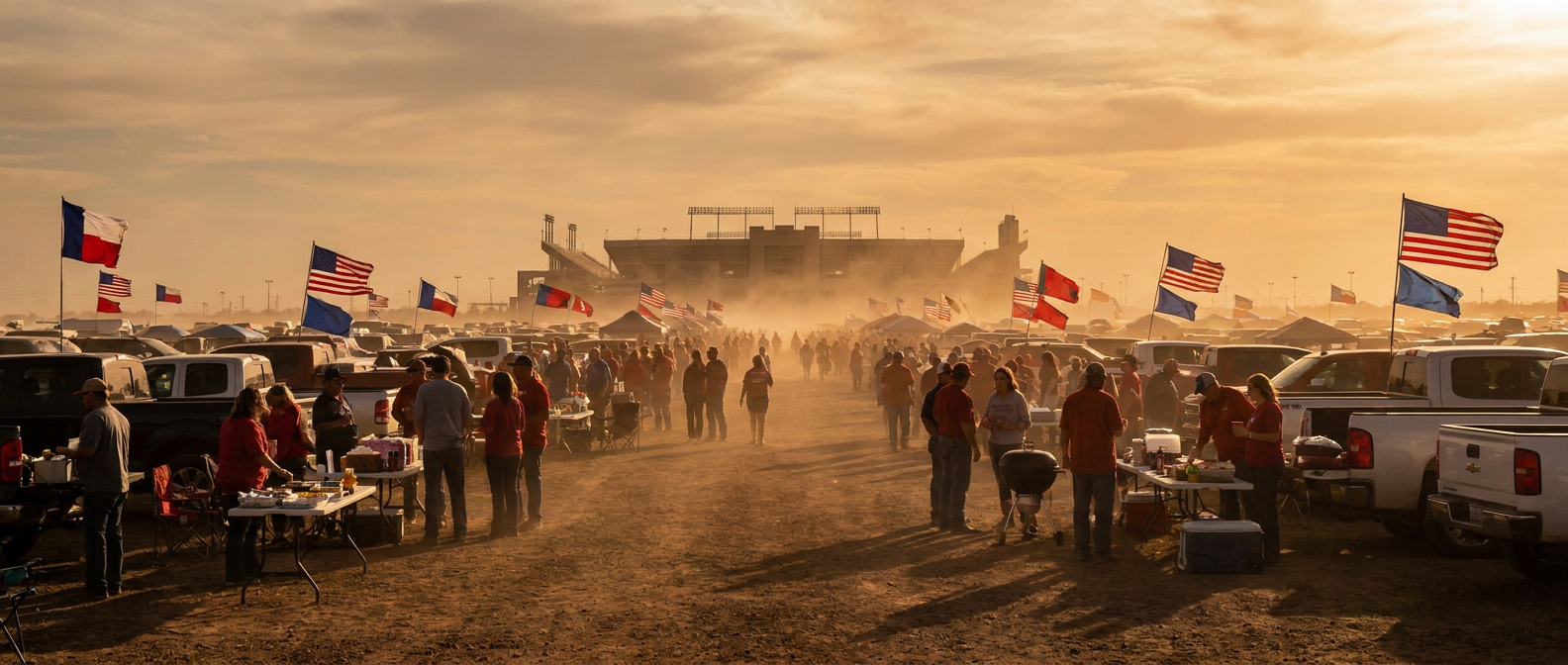 A wide golden-hour shot of a college football tailgate parking lot in the Texas plains, orange and crimson team flags whipping sideways in a strong gust, dust kicking up off the asphalt, warm late-afternoon light, low camera angle looking across folding tables and grills toward a distant stadium silhouette, no logos or team branding visible