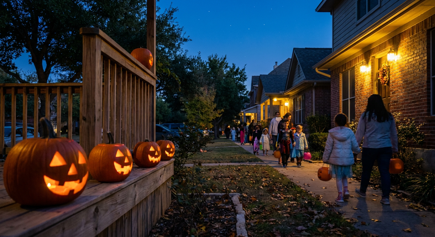 A suburban Texas street at dusk on Halloween, jack-o-lanterns glowing on a porch in the foreground, trick-or-treaters in light jackets walking under a clear darkening sky, warm porch-light amber contrasted against cool twilight blue, eye-level street photography perspective