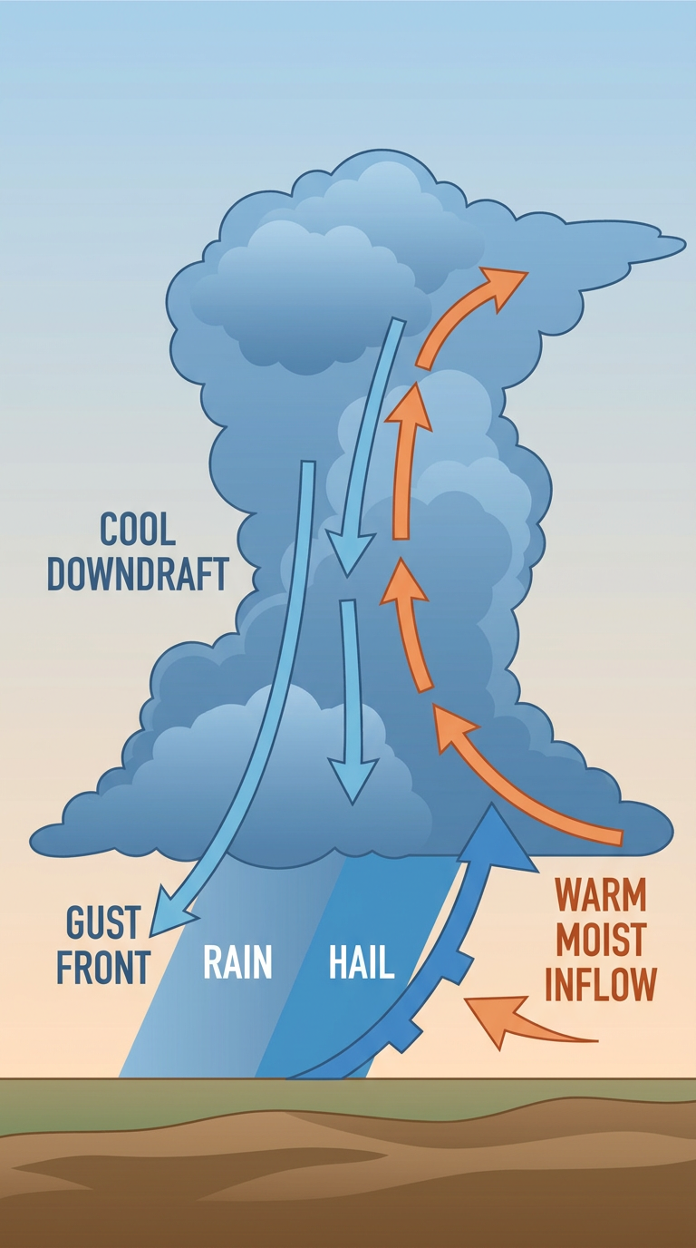 A simplified side-view diagram of a squall line ingesting warm humid air ahead of a cold front, showing arrows for inflow, the gust front, and downdraft winds, labeled and color coded, clean vector-style educational graphic