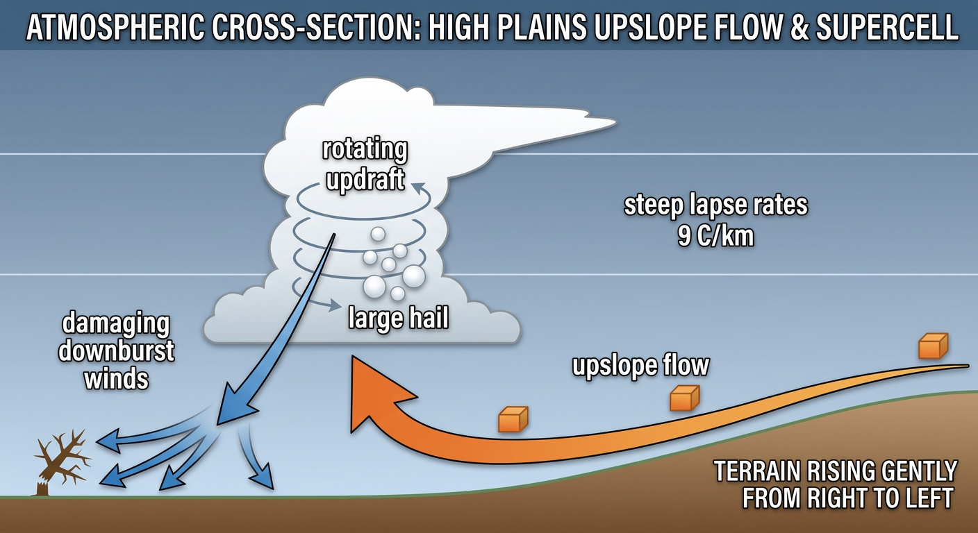 Cross-section diagram showing upslope flow on the High Plains: warm moist surface air being forced upward as it moves toward higher terrain on the left, with labeled steep lapse rates, a rotating supercell updraft, large hail forming aloft, and a downdraft producing strong surface winds. Clean educational schematic with annotations and arrows, no map or geography.