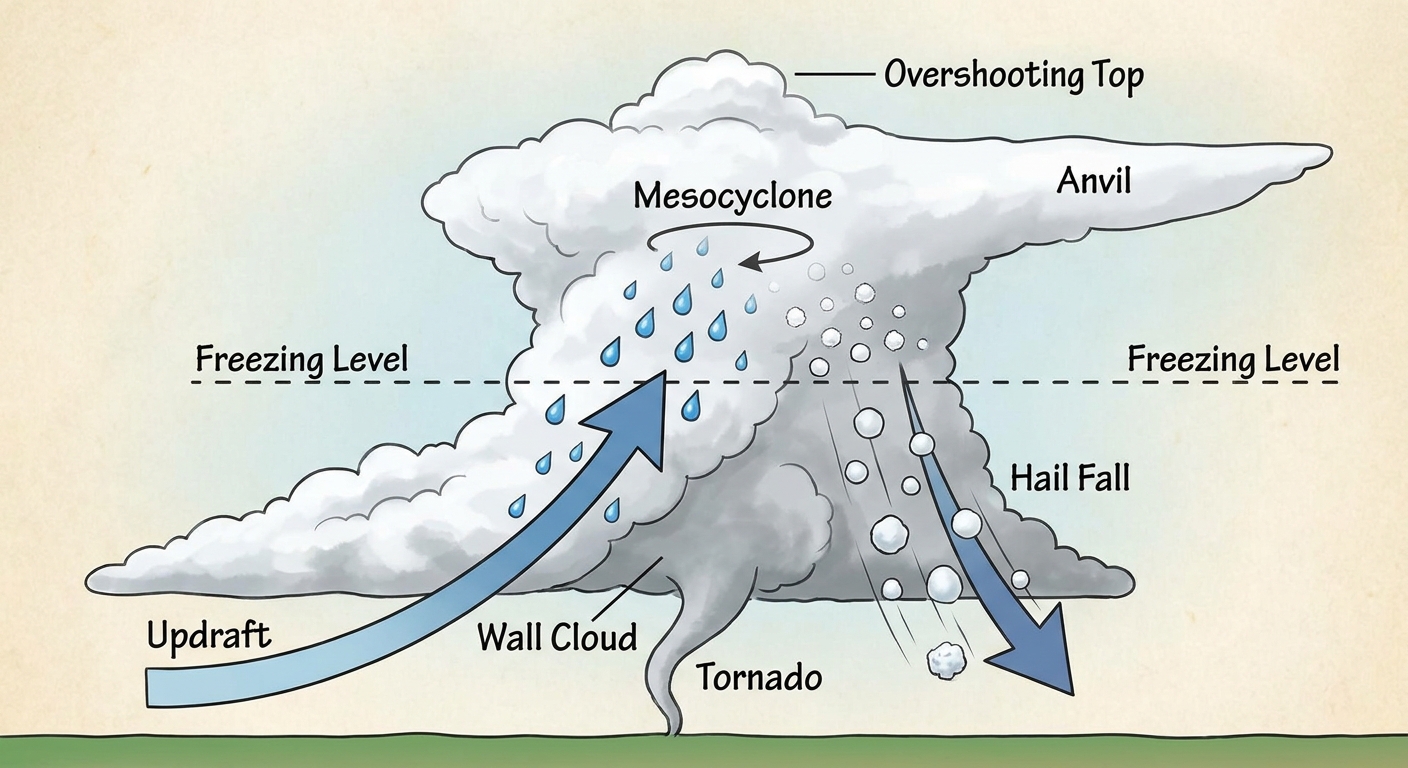 Diagram showing hail formation in a thunderstorm