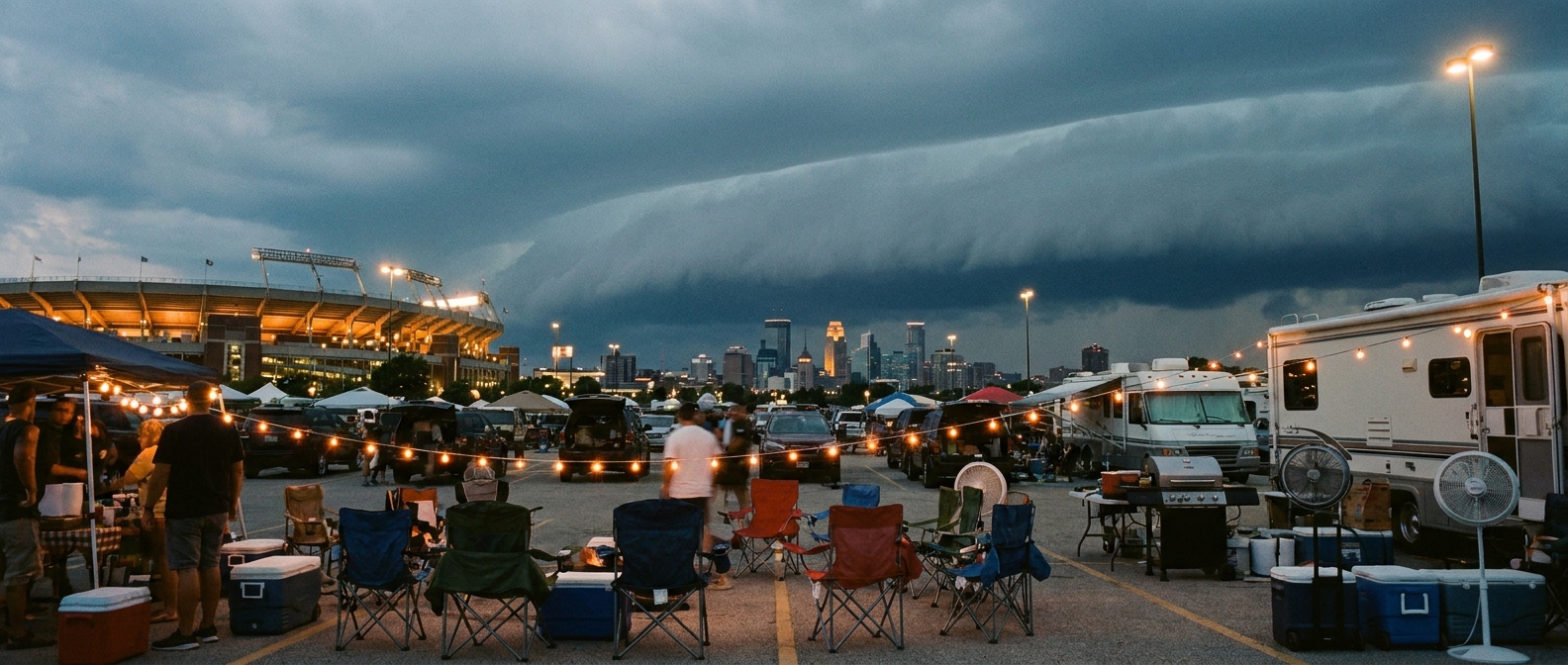 A stadium tailgate lot under a darkening summer sky, string lights and folding tables in the foreground, a low shelf cloud building on the horizon, warm gold parking-lot light against cool blue-gray storm shadow, wide low-angle shot