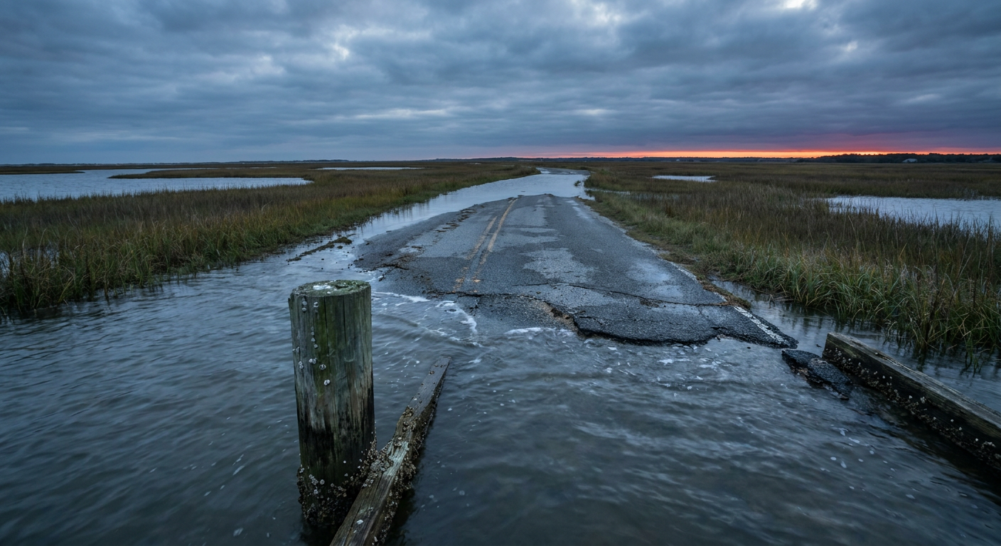 A tidal marsh road partially submerged at dusk, water lapping over worn asphalt near a weathered dock piling, Outer Banks style coastal flats, cool blue-gray storm light with a thin band of warm orange on the horizon, low wide-angle shot from water level looking down the flooded roadway