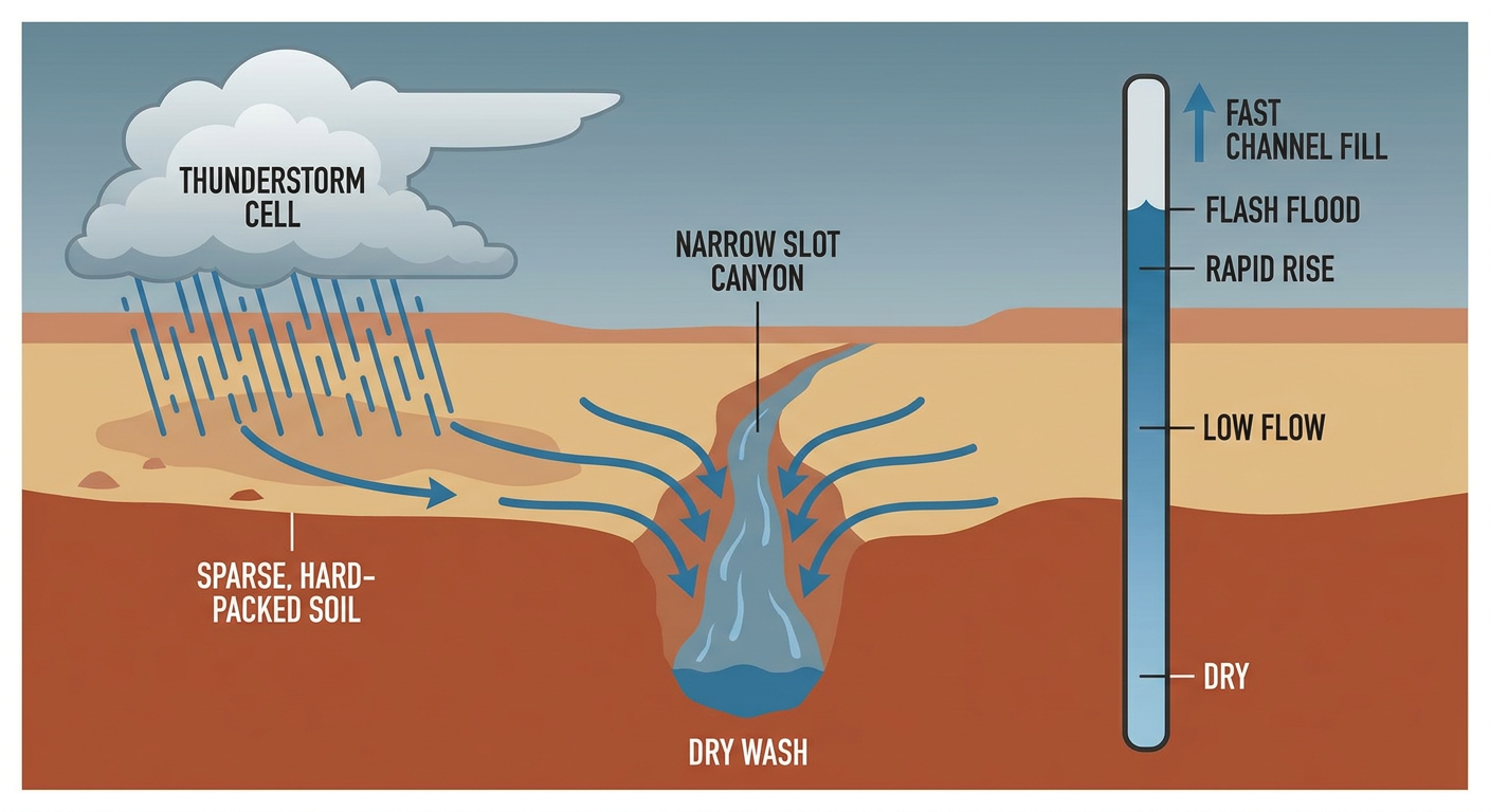 A labeled cross-section diagram illustrating desert flash flood mechanics, showing monsoon moisture rising over hot desert terrain, a thunderstorm dropping heavy rain onto a slot canyon and dry wash, with arrows showing rapid runoff concentration into a narrow channel, clean infographic style
