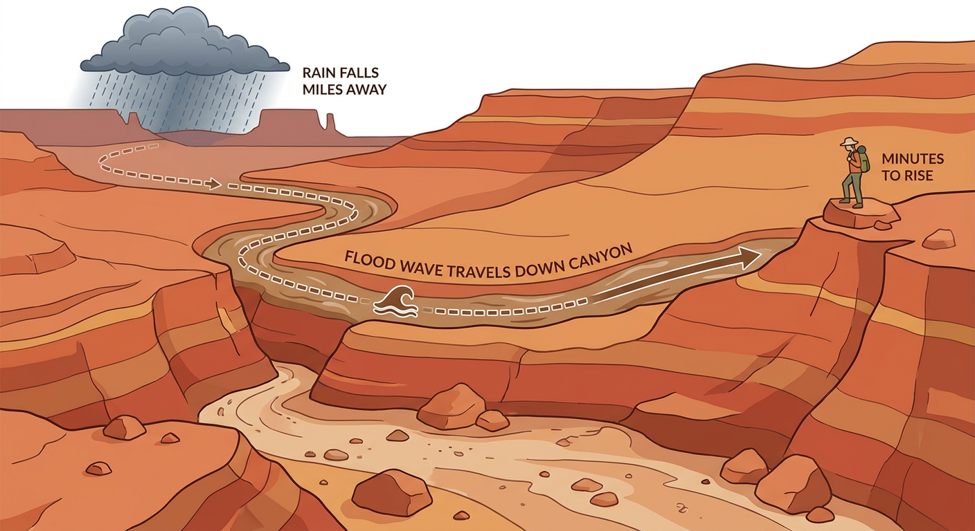 An illustrated cross-section diagram of a desert canyon showing how a thunderstorm miles away can send a flash flood wave down a dry wash, with labeled arrows showing water travel time, a hiker figure for scale standing safely above the wash, warm red-orange rock color palette, educational infographic style