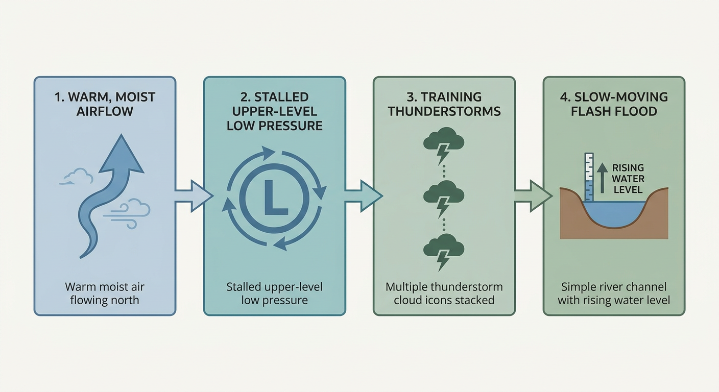 Flow chart diagram showing ingredients for a slow-moving flash flood setup: warm moist air inflow arrow, slow-moving upper low symbol, repeated thunderstorm cells training over the same ground, and a rising river gauge icon, labeled educational infographic with arrows connecting each step, clean minimalist design